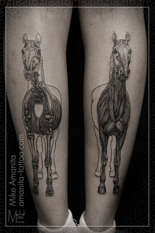 小腿写实风格黑色马骨架肌肉纹身图案