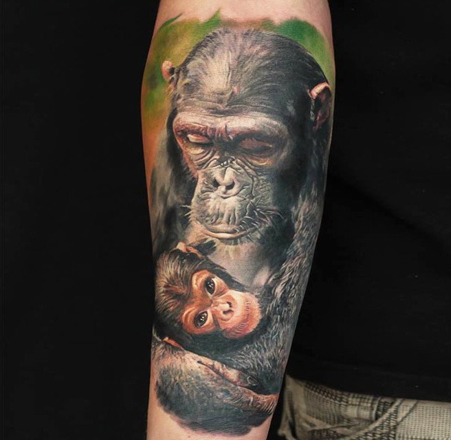 手臂非常逼真的彩色黑猩猩母亲和婴儿纹身图案