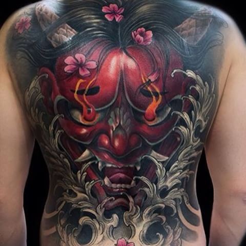 背部全新日式彩色鲜花般若纹身图案