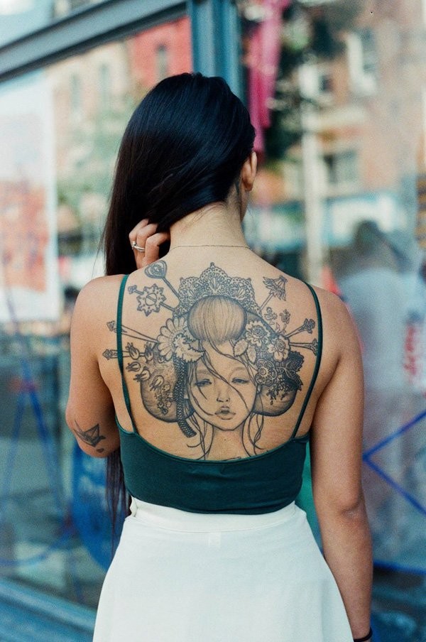 女孩背部美丽的艺妓纹身图案