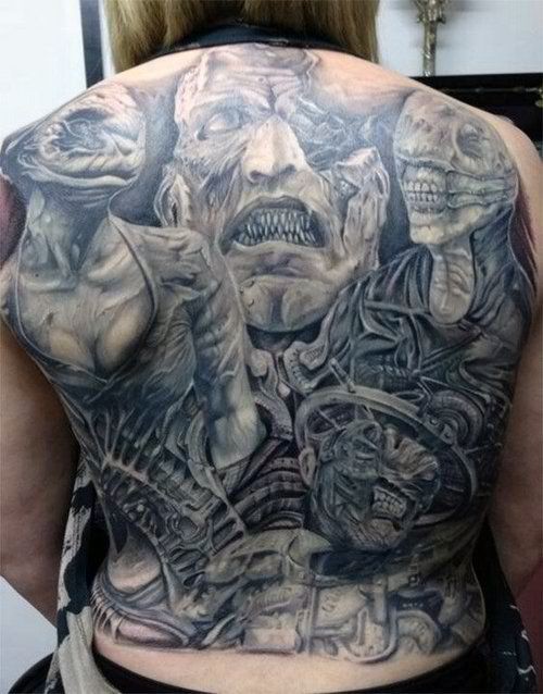 背部黑白可怕的各种怪物纹身图案