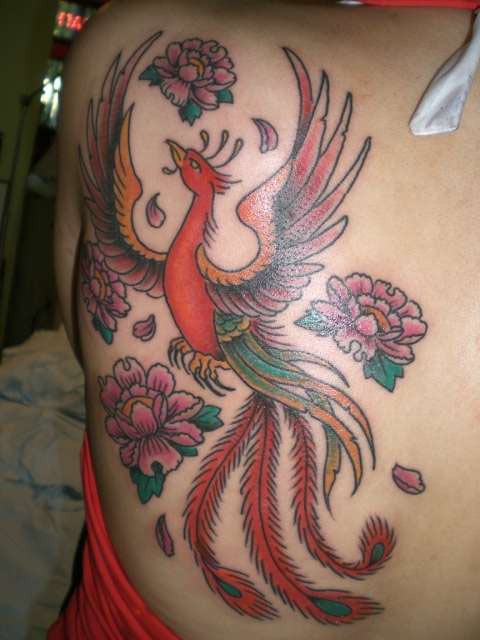 背部可爱的凤凰和花朵彩色纹身图案
