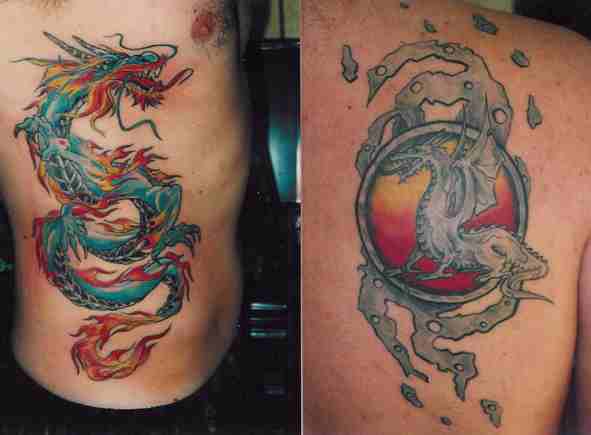 侧肋彩色的中国龙纹身图案