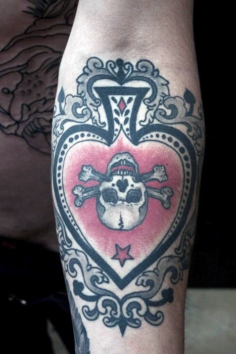 手臂设计漂亮的黑桃符号和骷髅纹身图案