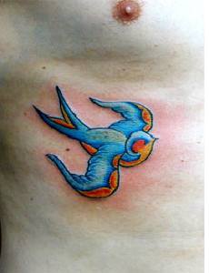 男性胸部蓝色的燕子纹身图案