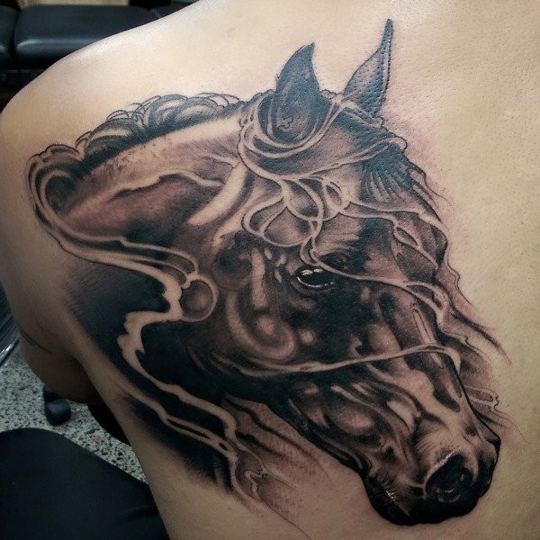 令人难以置信的马头像背部纹身图案