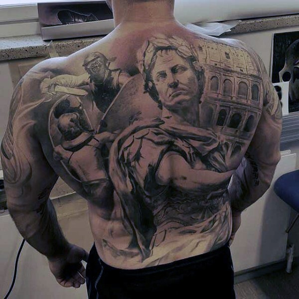 背部罗马帝国主题整雕像纹身图案