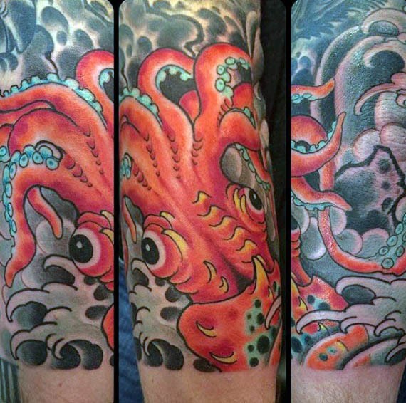 卡通风格彩色的鱿鱼手臂纹身图案