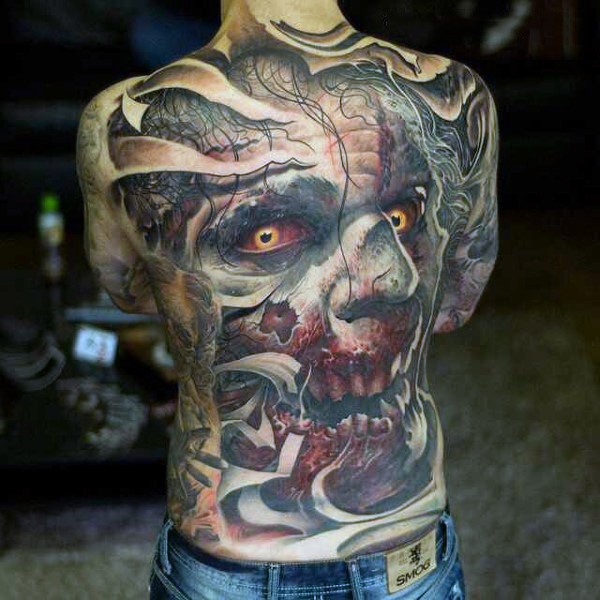 满背巨大的可怕血腥怪物脸彩绘纹身图案