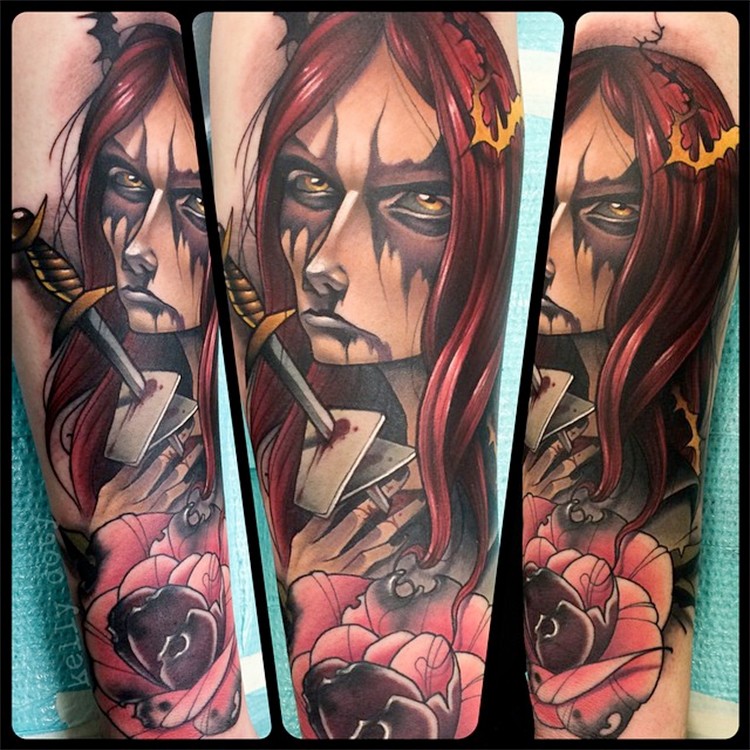 手臂亚洲卡通风格彩色邪恶女巫纹身图案