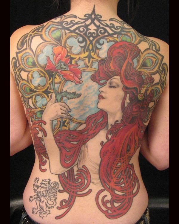 背部插画风格彩色美女配鲜花纹身图案