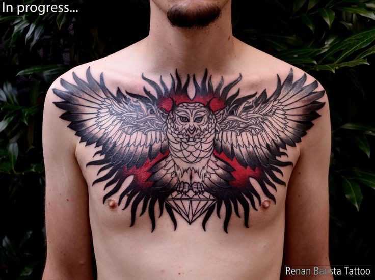 胸部大而美丽的彩色神秘猫头鹰与钻石纹身图案