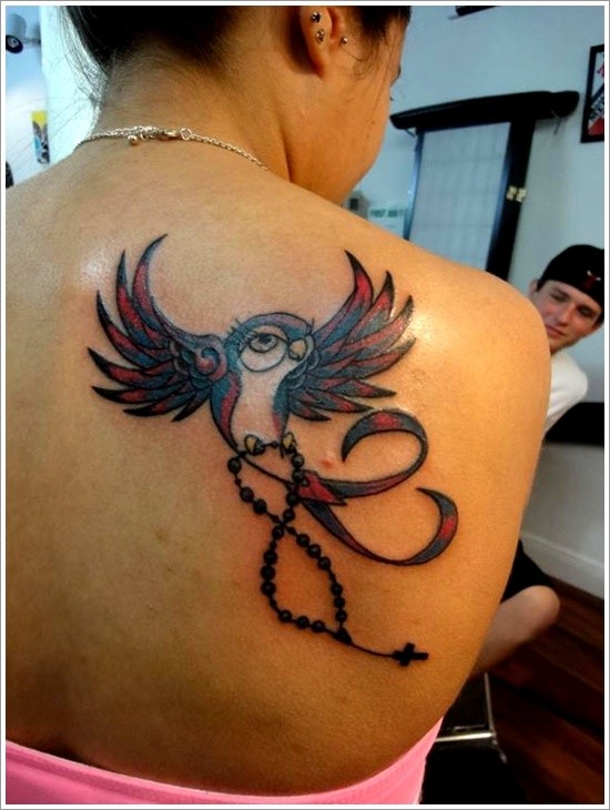 背部漂亮的小鸟彩色纹身图案