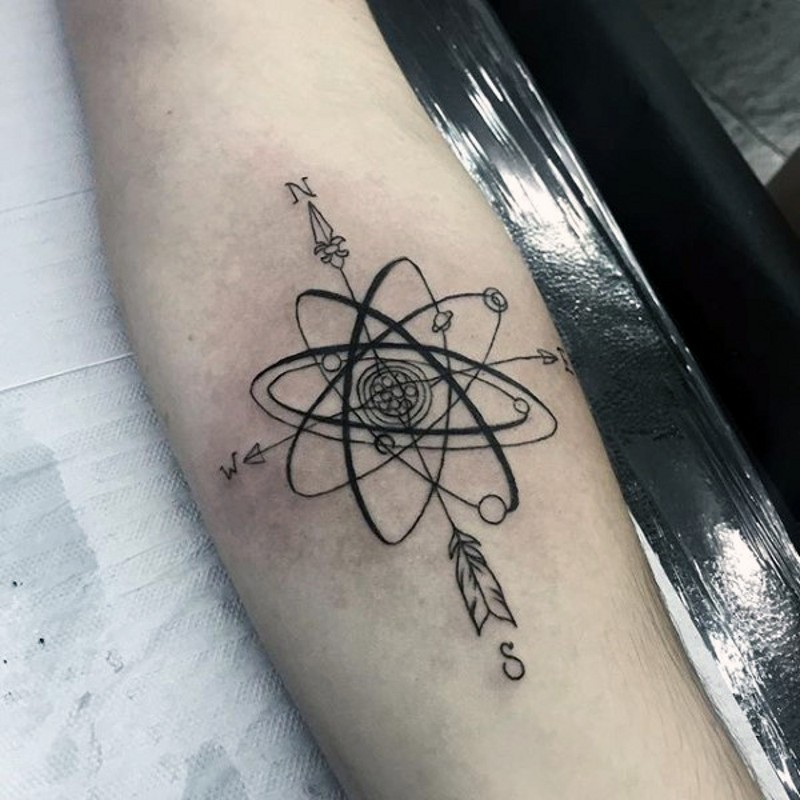 手臂科学风格的黑色太阳系和箭纹身图案