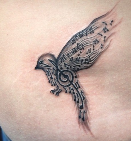 黑灰的小鸟与音符结合纹身图案