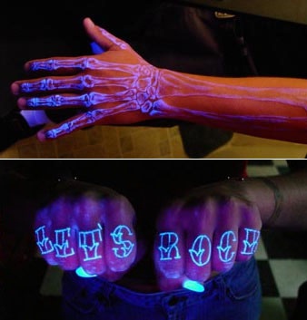 手臂骨骼和手指字母荧光纹身图案