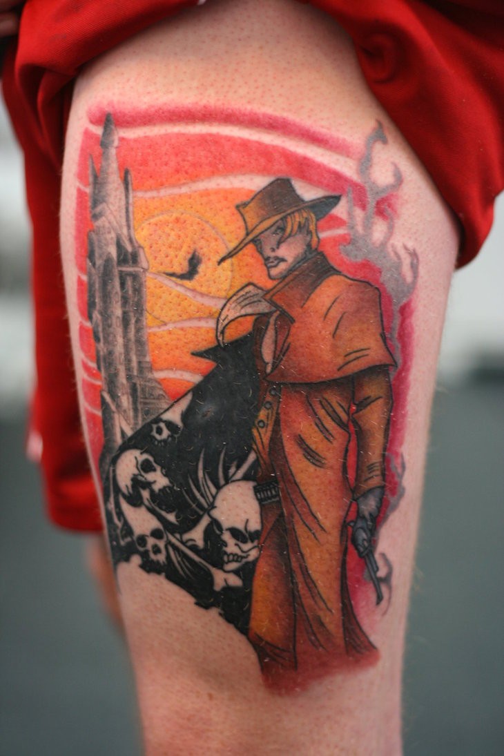 大腿亚洲卡通风格的彩色海盗骷髅纹身图案
