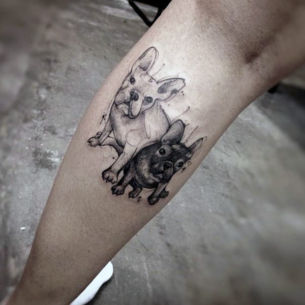 小腿滑稽的黑白小狗个性纹身图案