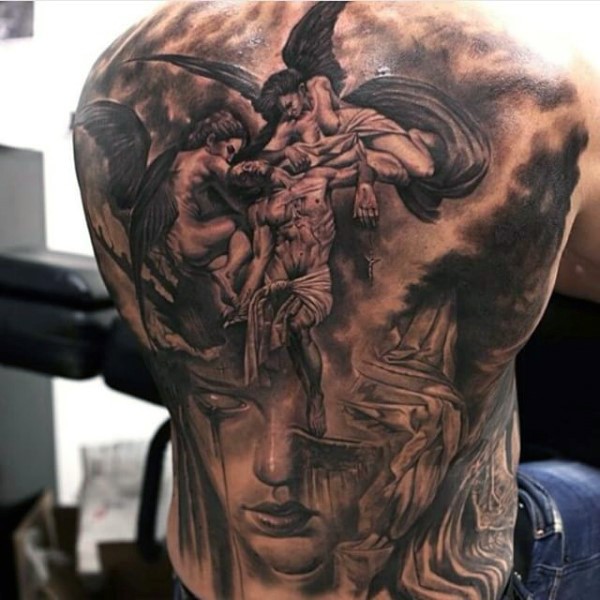 背部不寻常的组合天使与神秘女人肖像纹身图案
