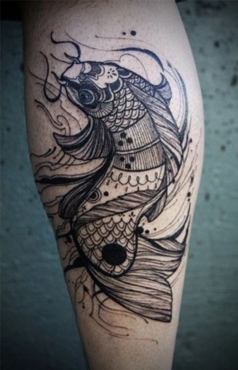 小腿亚洲风格黑白鱼纹身图案
