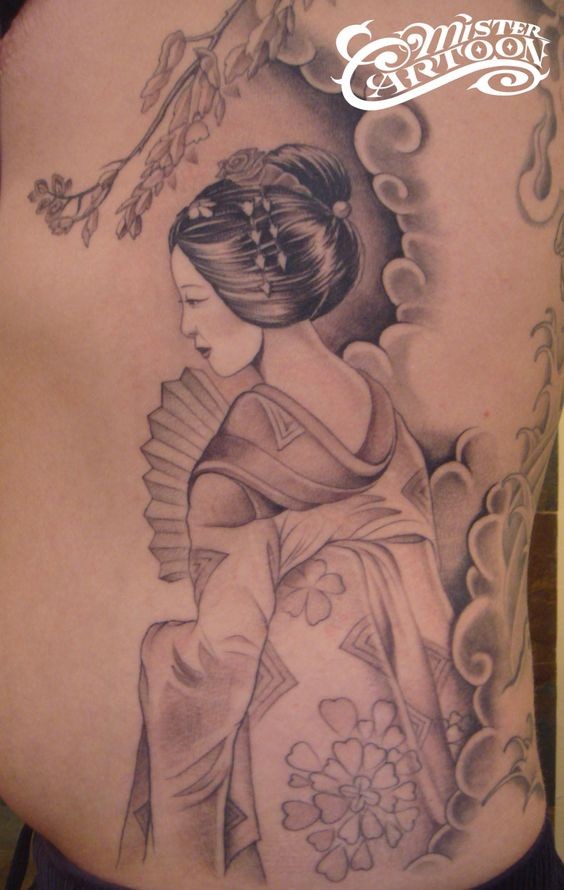 侧肋本色的亚洲艺妓纹身图案