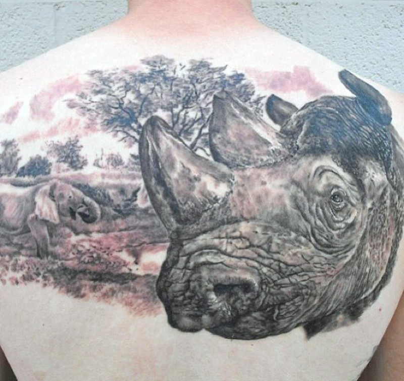 背部逼真的巨大彩色犀牛头像纹身图案