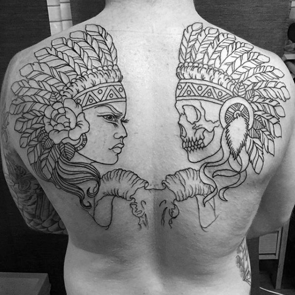 背部黑色线条印度骷髅与女人纹身图案