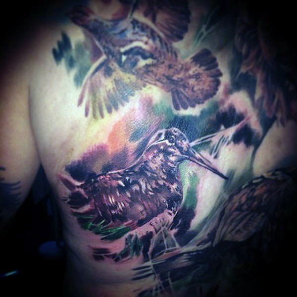 背部惊人壮观的彩色鸟类纹身图案
