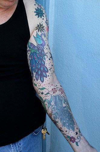 手臂美丽的蓝色小鸟孔雀纹身图案