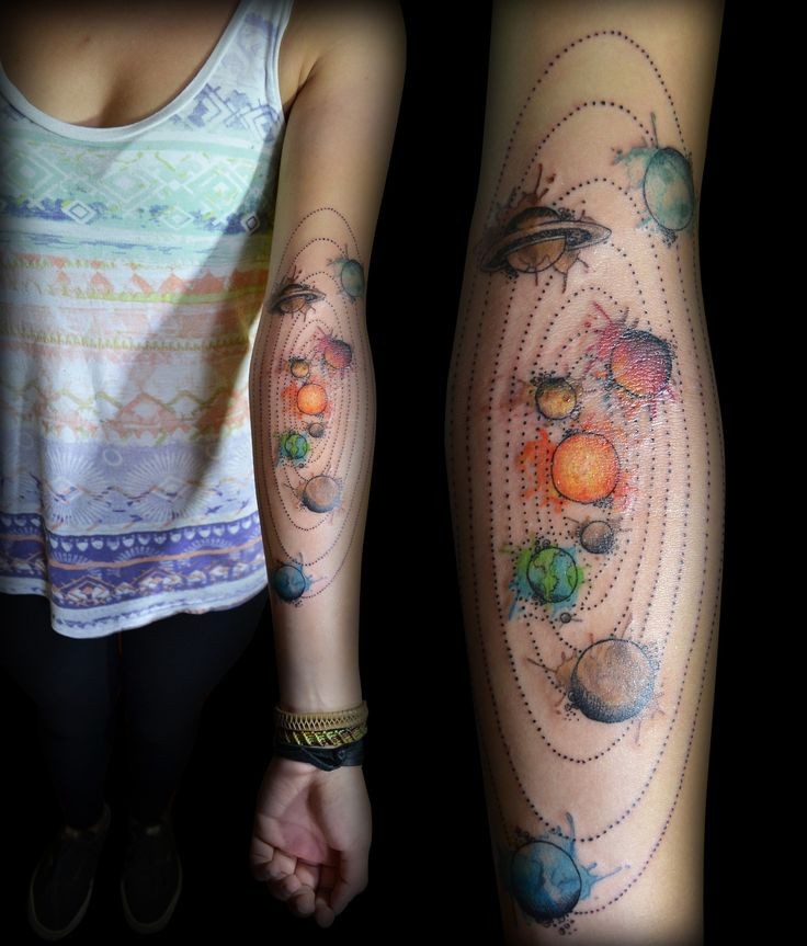 手臂彩色的太阳系小行星纹身图案