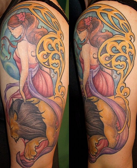 大臂卡通彩色女人与狮子纹身图案
