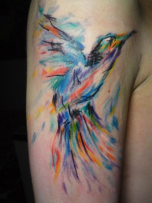 大臂水彩小鸟纹身图案