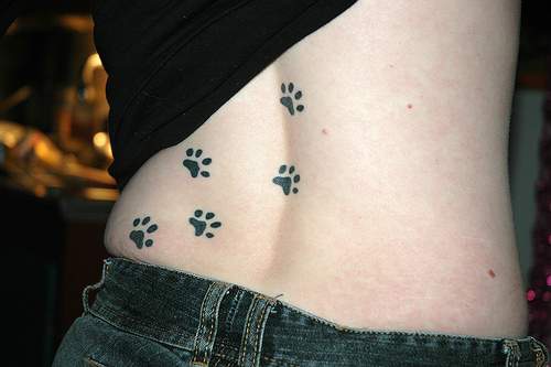 背部黑色的猫爪印纹身图案
