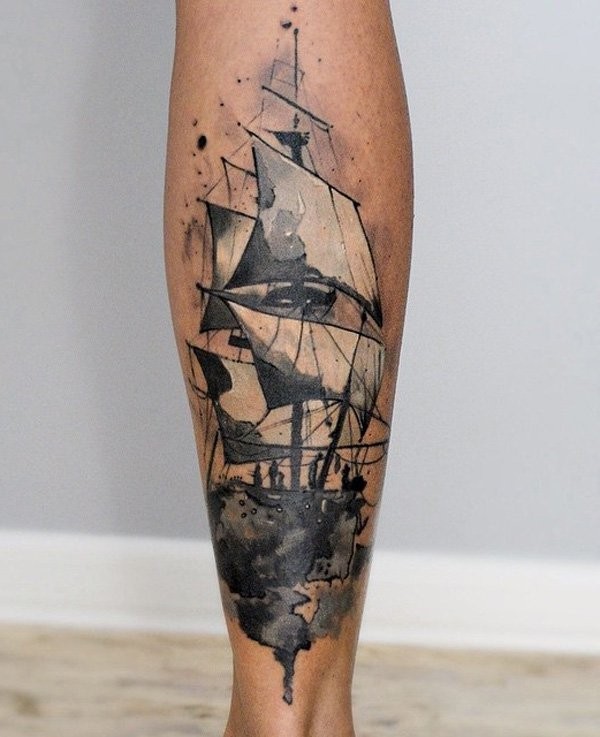小腿黑色水墨风格帆船纹身图案