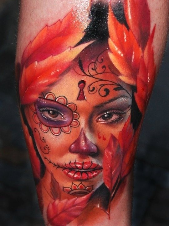 美丽的死亡女郎与红色叶子纹身图案