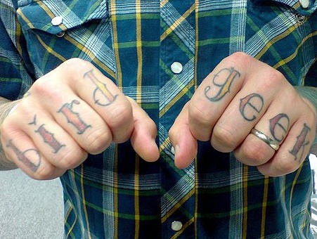 手指彩色的英文字母纹身图案