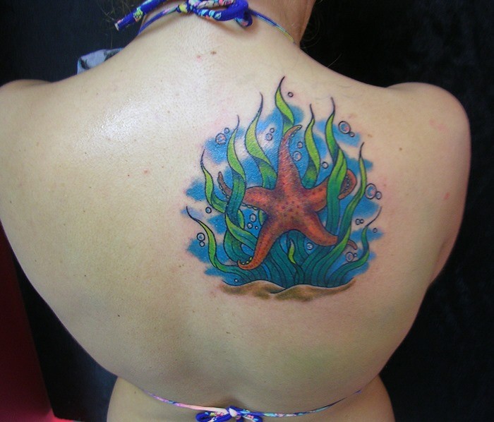 背部可爱鲜艳的卡通海星纹身图案