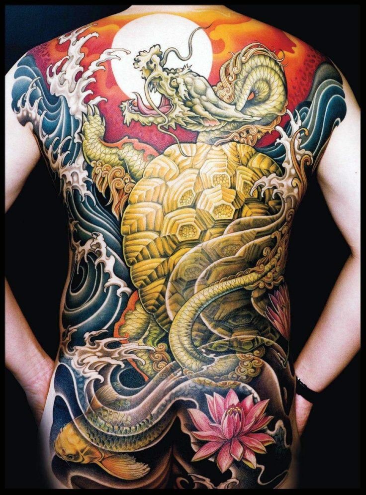 背部日式黄金龙与莲花纹身图案