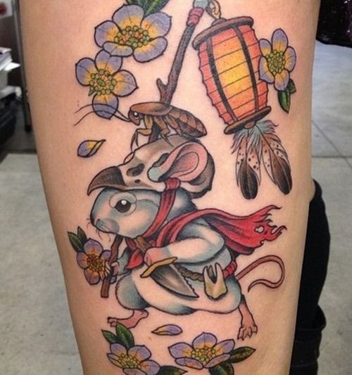 日式五颜六色的老鼠与鲜花和灯纹身图案