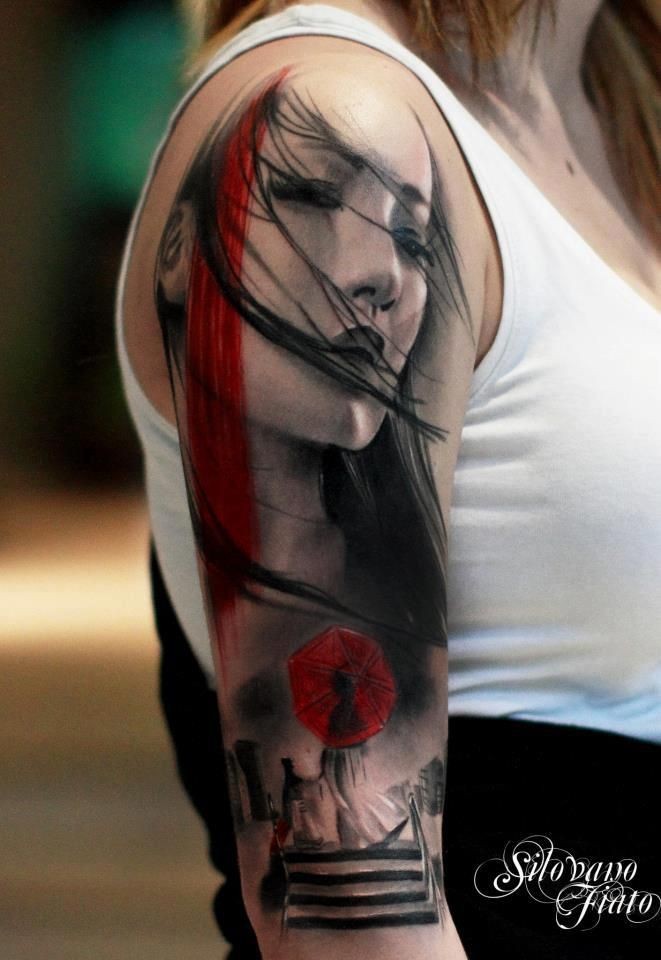 大臂写实的彩色伤心亚洲艺妓纹身图案
