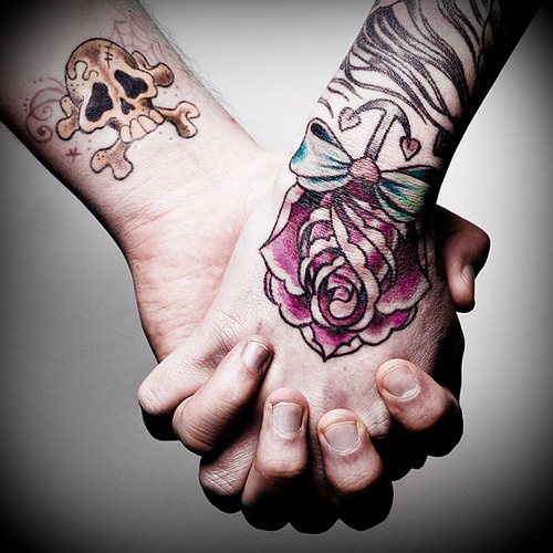 情侣手背美丽的玫瑰船锚和骷髅纹身图案