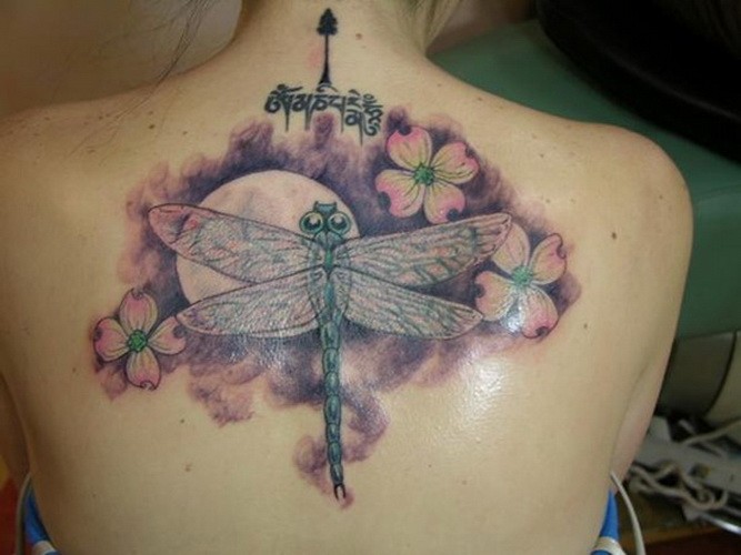 背部五颜六色的花朵和蜻蜓纹身图案