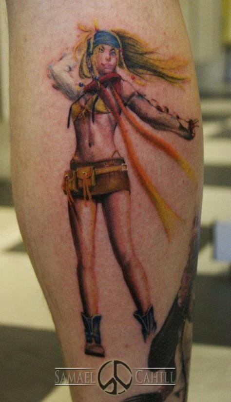 小腿令人印象深刻的卡通幻想女子纹身图案