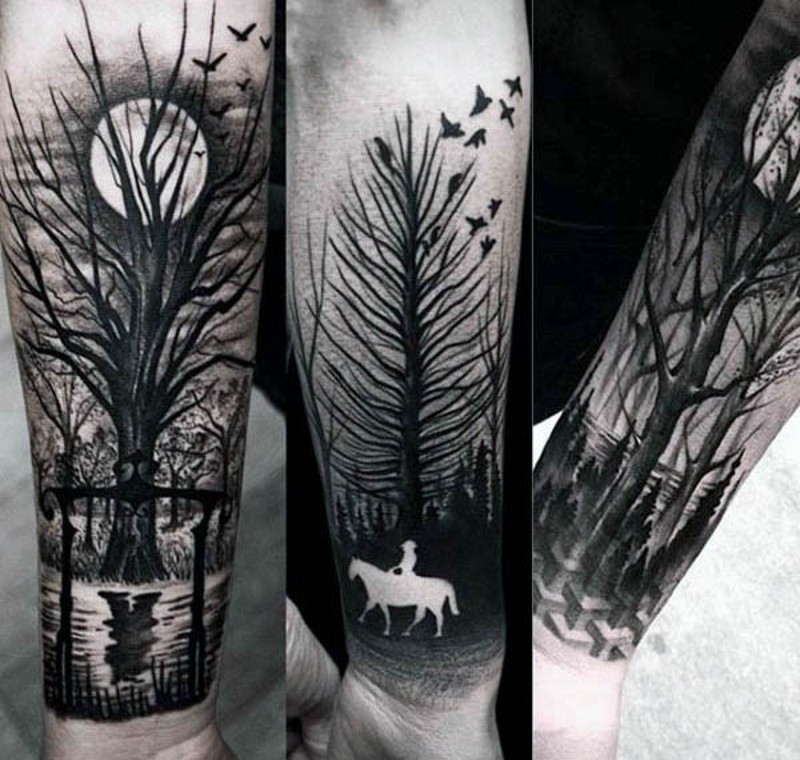 手臂黑白骑马与森林月亮纹身图案