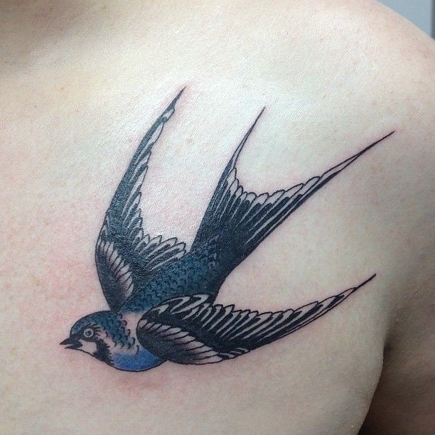 胸部蓝色和黑色的燕子纹身图案
