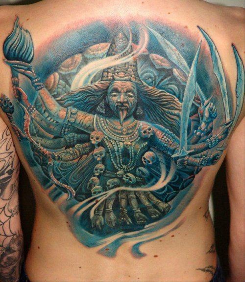 背部插画风格彩色的印度教女神纹身图案