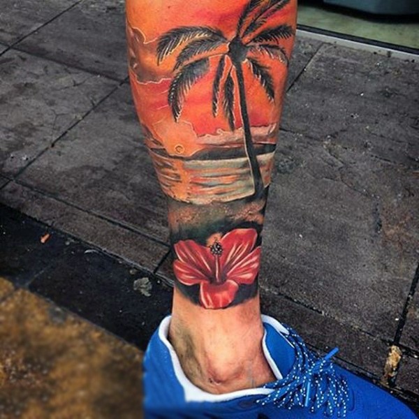 小腿彩绘海滩日落与棕榈树和花朵纹身图案