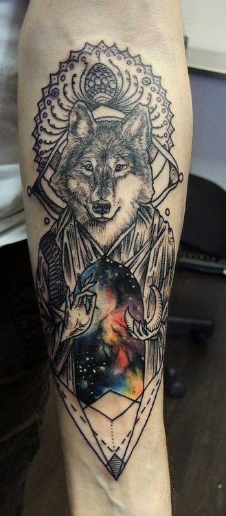 手臂创意的彩色狼魔术师纹身图案