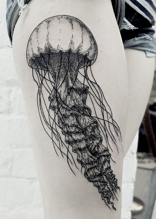 大腿写实的黑色线条水母纹身图案