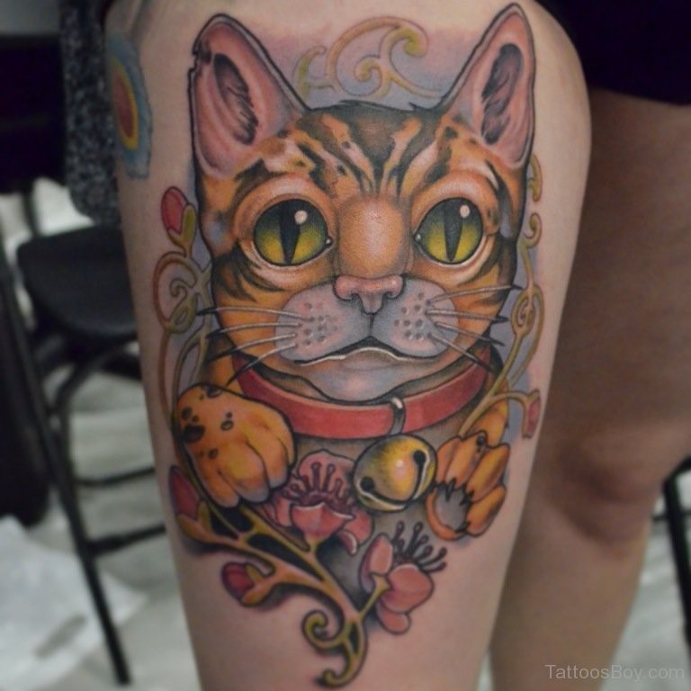 大腿new school彩色的猫与花朵纹身图案